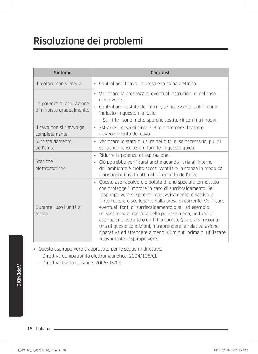 Samsung VC07M25E0WB/ET manual Risoluzione dei problemi 