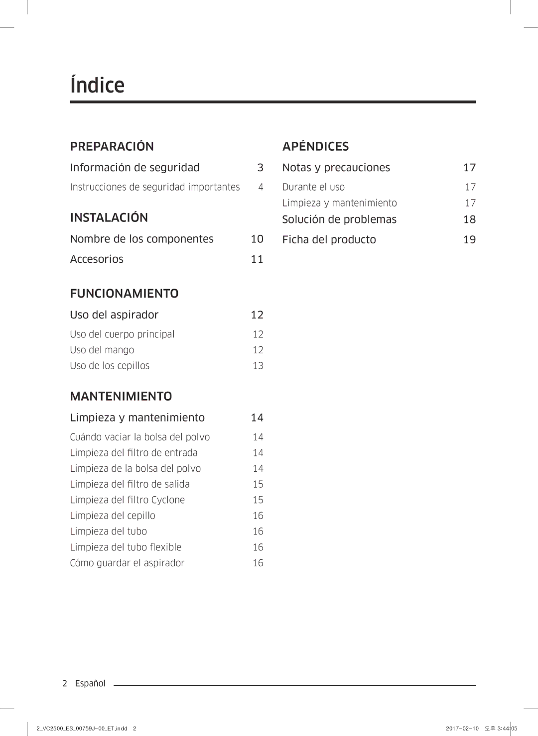 Samsung VC07M25E0WB/ET manual Índice, Preparación Apéndices 