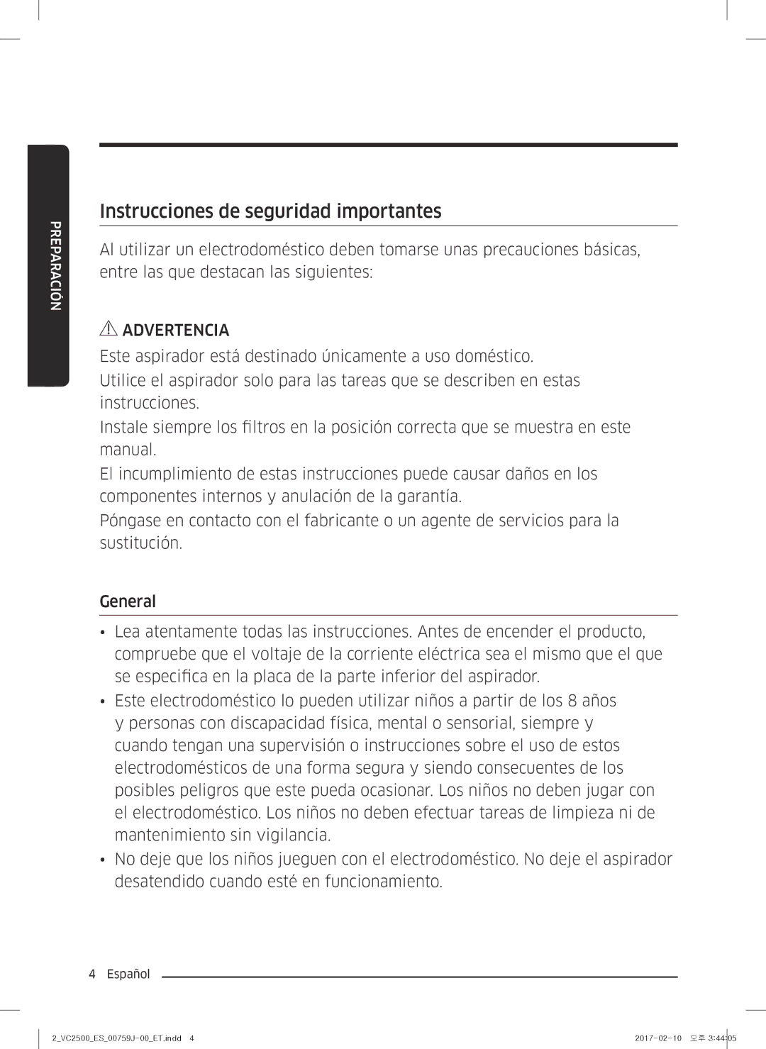 Samsung VC07M25E0WB/ET manual Instrucciones de seguridad importantes 