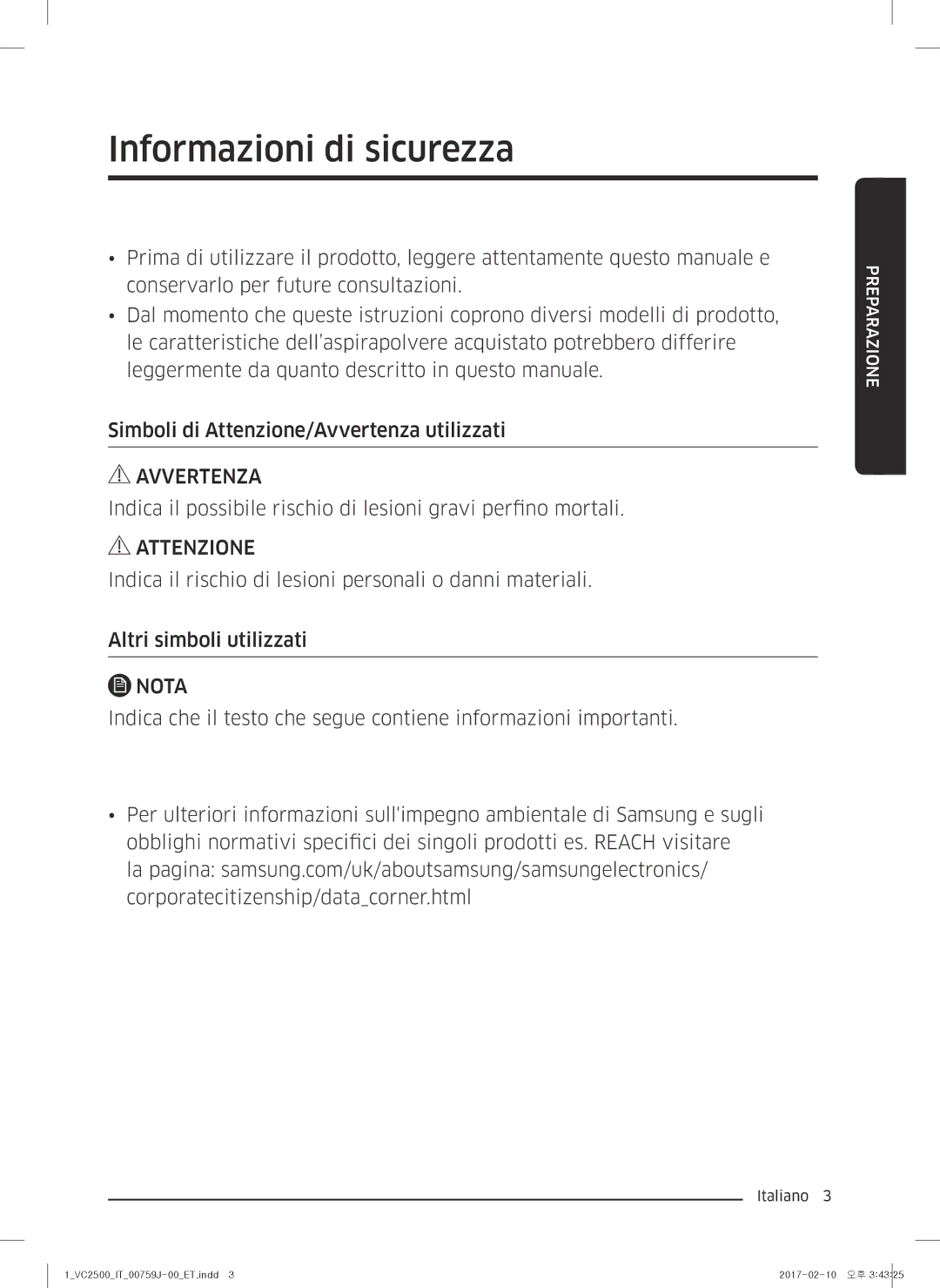 Samsung VC07M25E0WB/ET manual Informazioni di sicurezza, Nota 