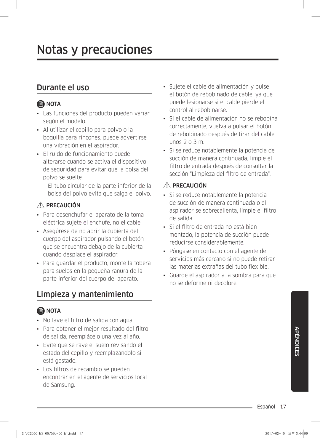 Samsung VC07M25E0WB/ET manual Notas y precauciones, Durante el uso, Limpieza y mantenimiento 