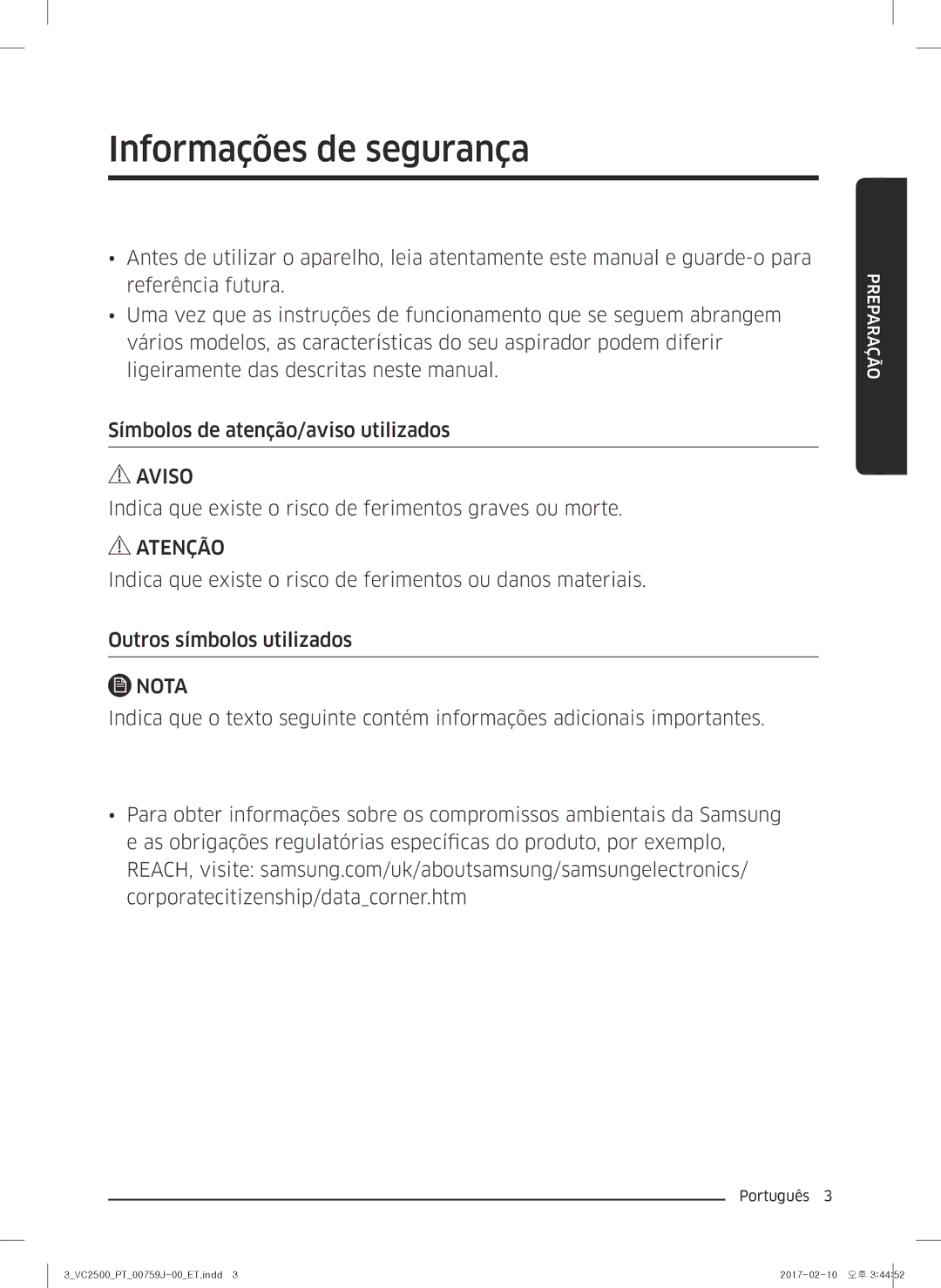 Samsung VC07M25E0WB/ET manual Informações de segurança 