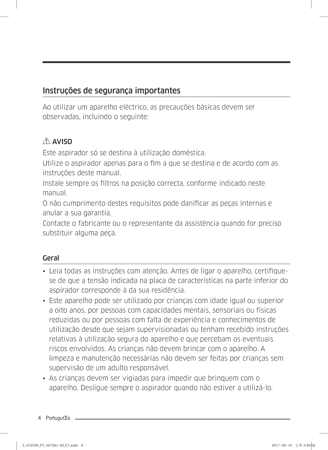 Samsung VC07M25E0WB/ET manual Instruções de segurança importantes 