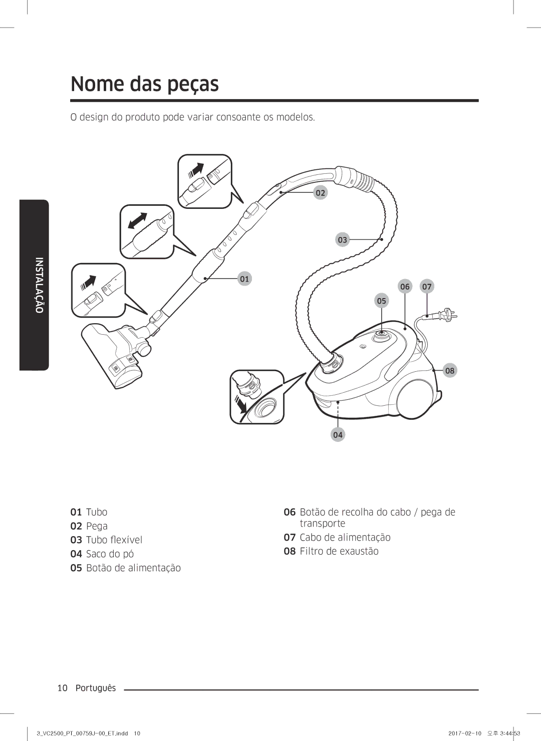 Samsung VC07M25E0WB/ET manual Nome das peças, Instalação 