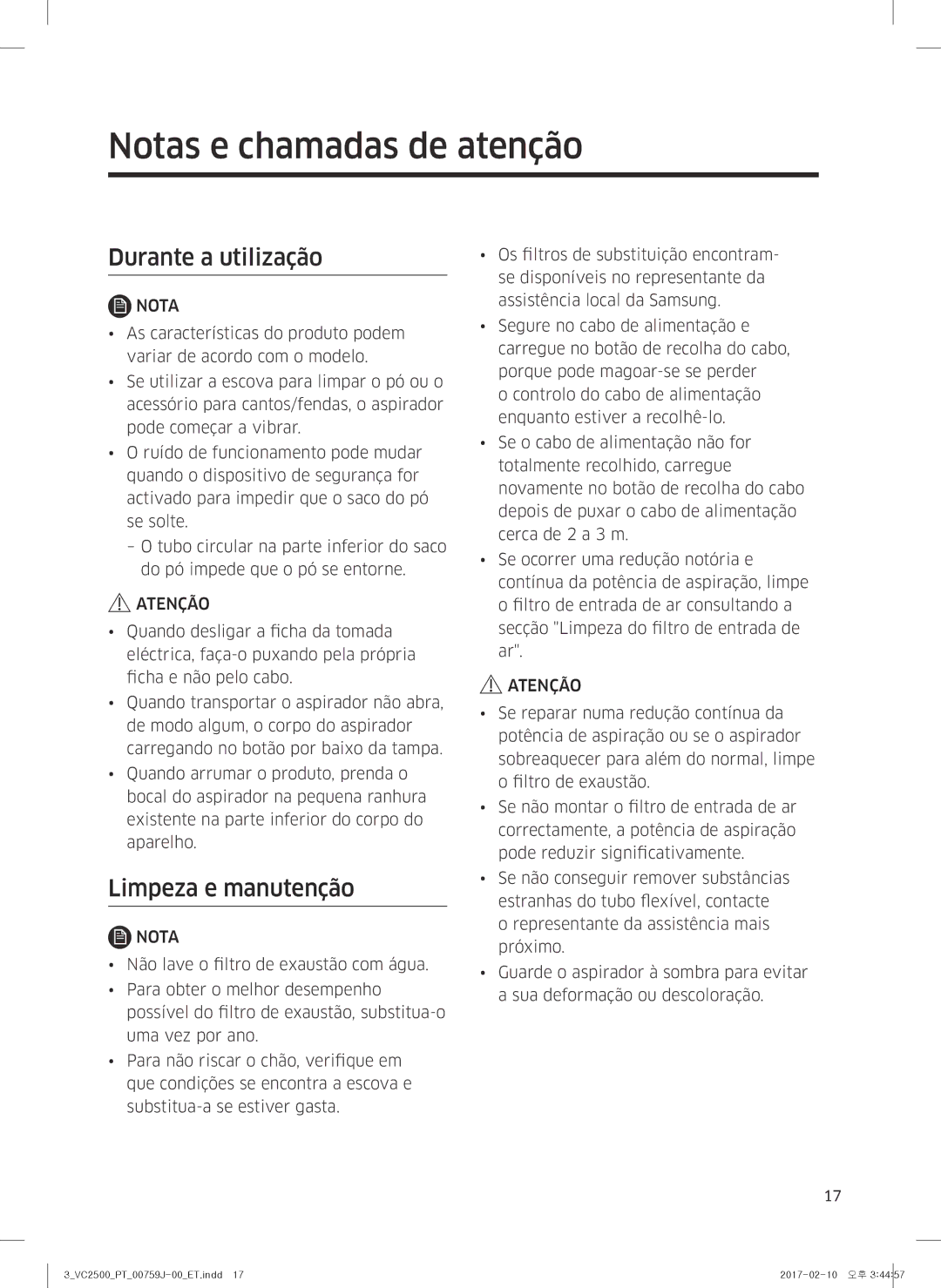 Samsung VC07M25E0WB/ET manual Notas e chamadas de atenção, Durante a utilização, Limpeza e manutenção 