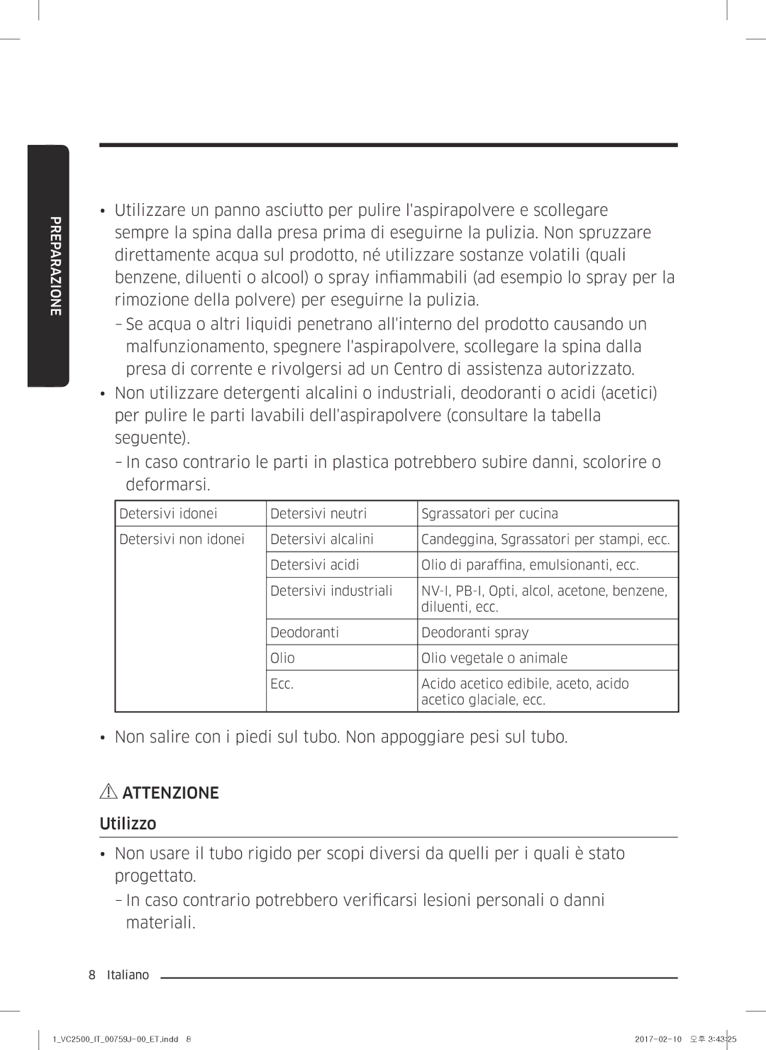 Samsung VC07M25E0WB/ET manual Attenzione 