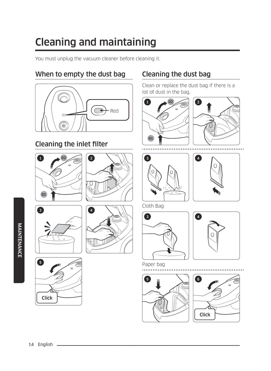 Samsung VC07M25E0WR/GE, VC07M25E0WR/EF, VC18M3110VB/MG, VC20M2510WB/MG Cleaning and maintaining, When to empty the dust bag 