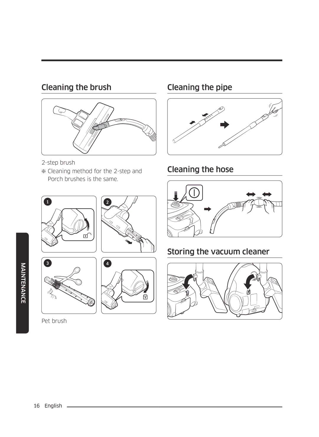 Samsung VC07M25E0WR/SB, VC07M25E0WR/EF Cleaning the brush Cleaning the pipe, Cleaning the hose Storing the vacuum cleaner 