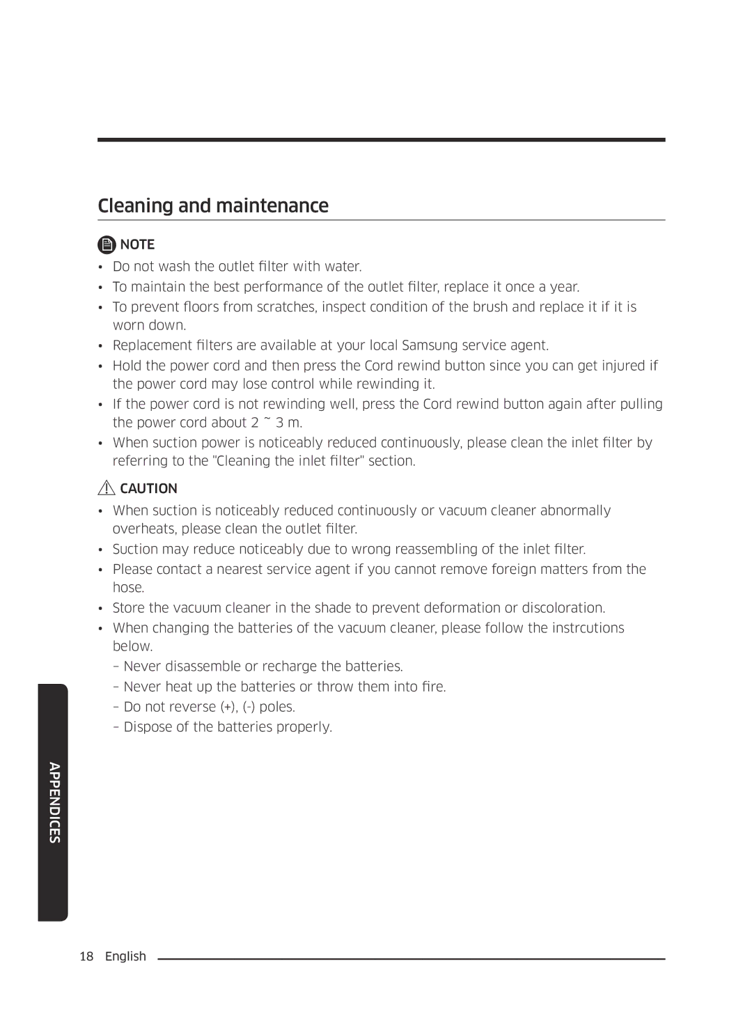 Samsung VC18M3110VB/SV, VC07M25E0WR/EF, VC18M3110VB/MG, VC20M2510WB/MG, VC20M2530WR/GT manual Cleaning and maintenance 