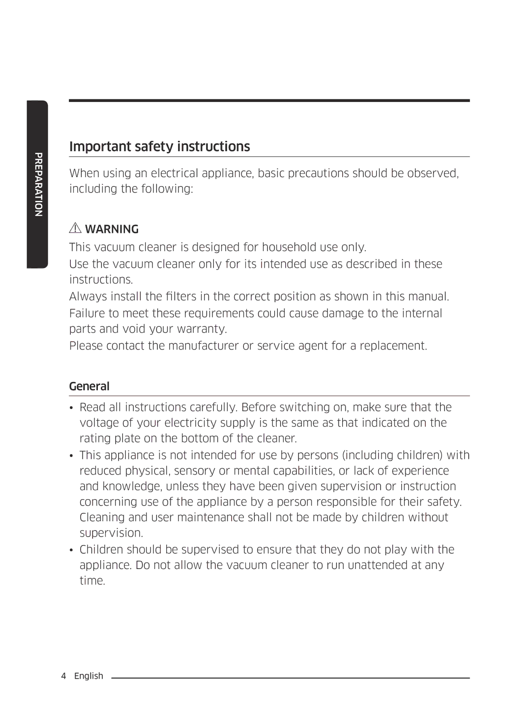 Samsung VC07M25E0WR/GE, VC07M25E0WR/EF, VC18M3110VB/MG, VC20M2510WB/MG, VC20M2530WR/GT manual Important safety instructions 