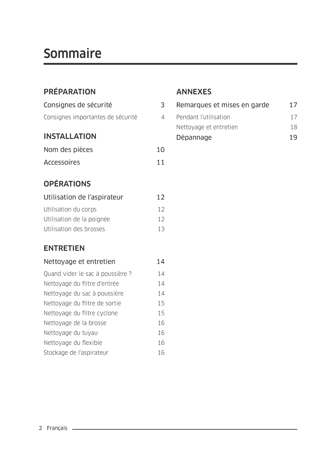 Samsung VC20M2510WB/MG, VC07M25E0WR/EF, VC18M3110VB/MG, VC20M2530WR/GT, VC07M25E0WR/GE manual Sommaire, Préparation Annexes 