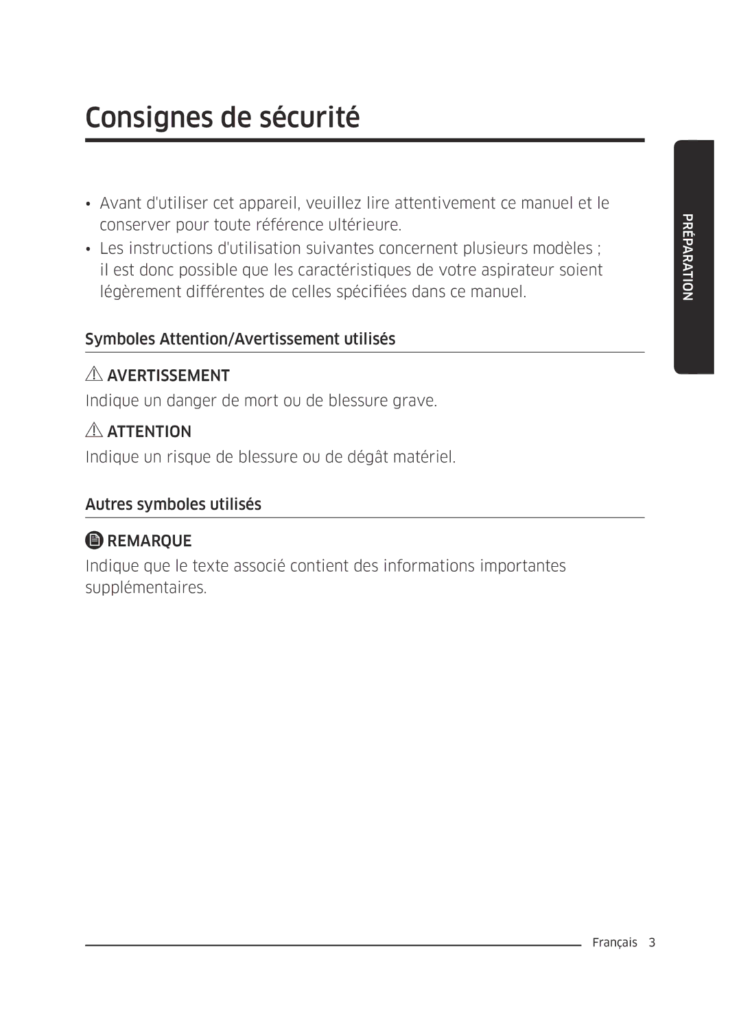 Samsung VC20M2530WR/GT, VC07M25E0WR/EF, VC18M3110VB/MG, VC20M2510WB/MG, VC07M25E0WR/GE Consignes de sécurité, Avertissement 