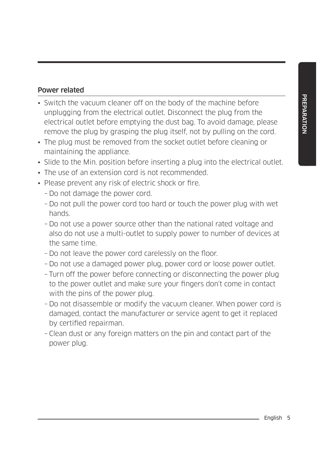 Samsung VC20M2530WR/SG, VC07M25E0WR/EF, VC18M3110VB/MG, VC20M2510WB/MG, VC20M2530WR/GT, VC07M25E0WR/GE manual Preparation 