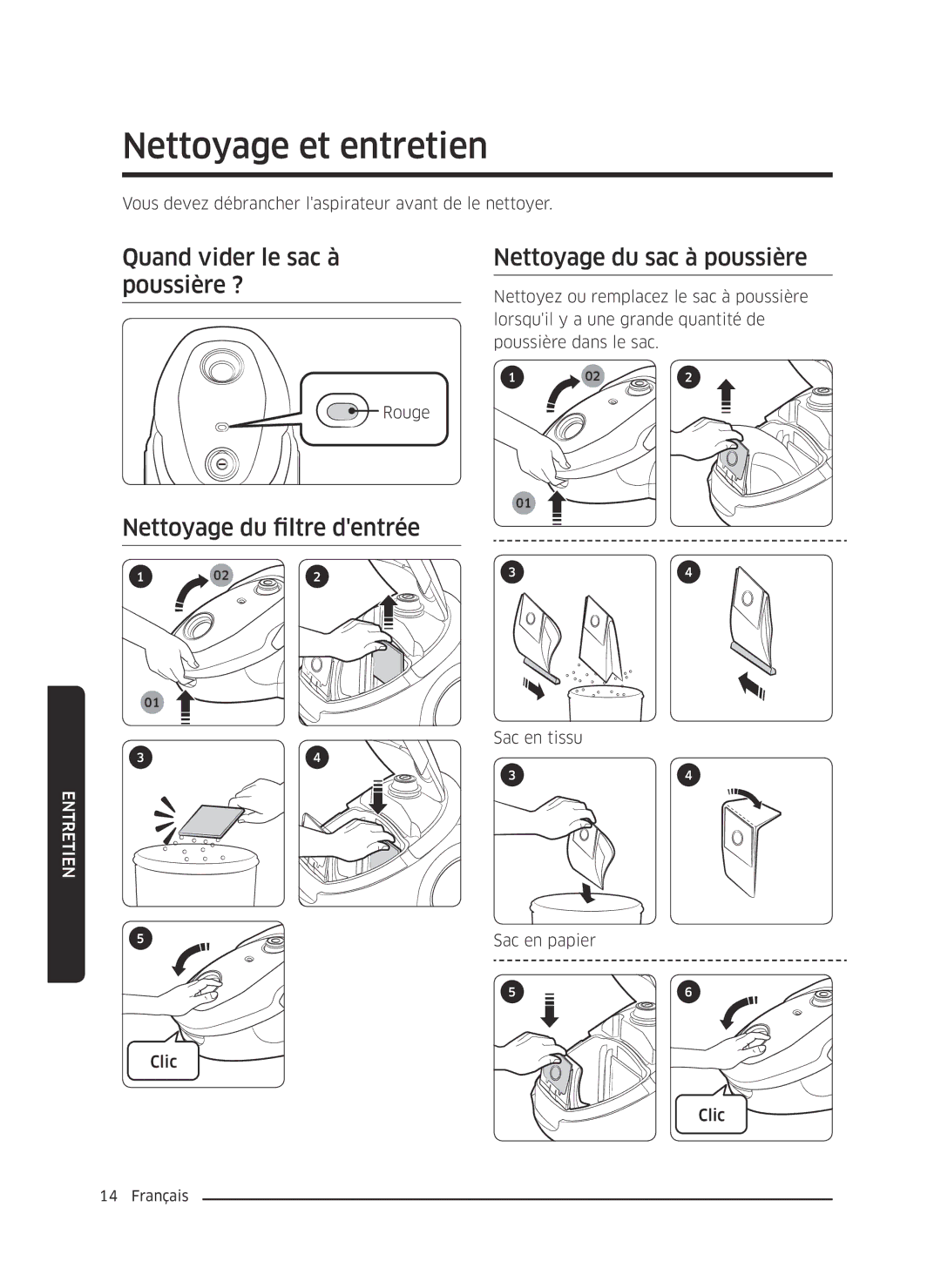 Samsung VC07M25E0WR/GE manual Nettoyage et entretien, Quand vider le sac à poussière ?, Nettoyage du filtre dentrée 