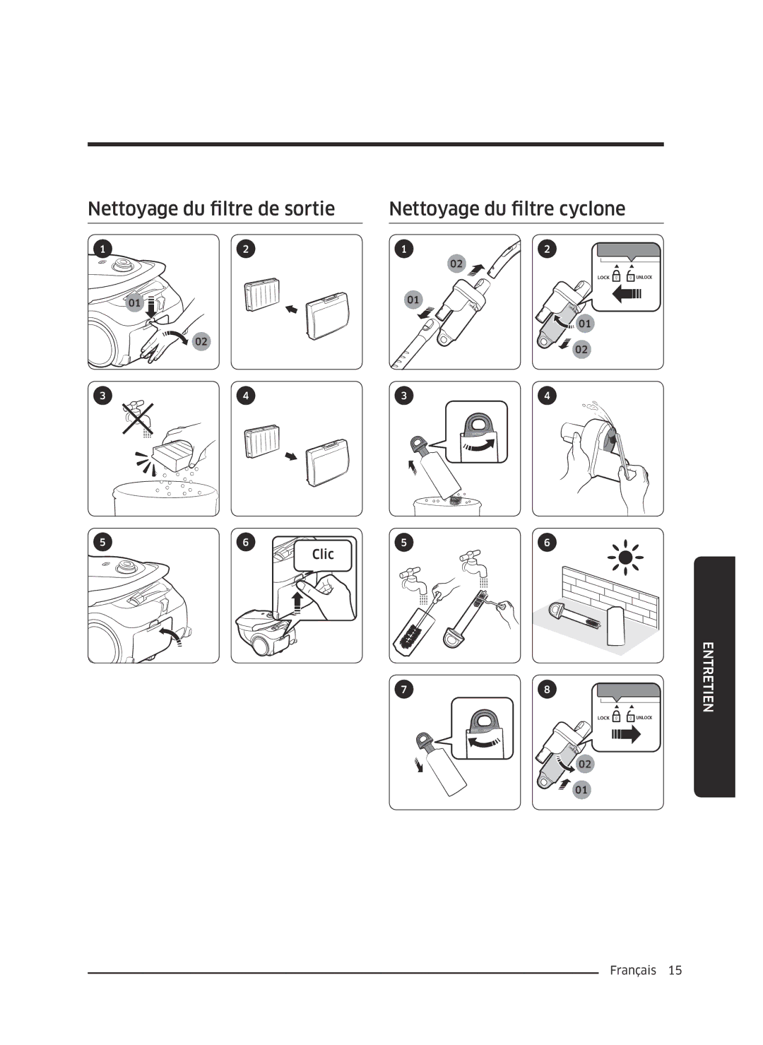 Samsung VC20M2530WR/SG, VC07M25E0WR/EF, VC18M3110VB/MG manual Nettoyage du filtre de sortie Nettoyage du filtre cyclone 