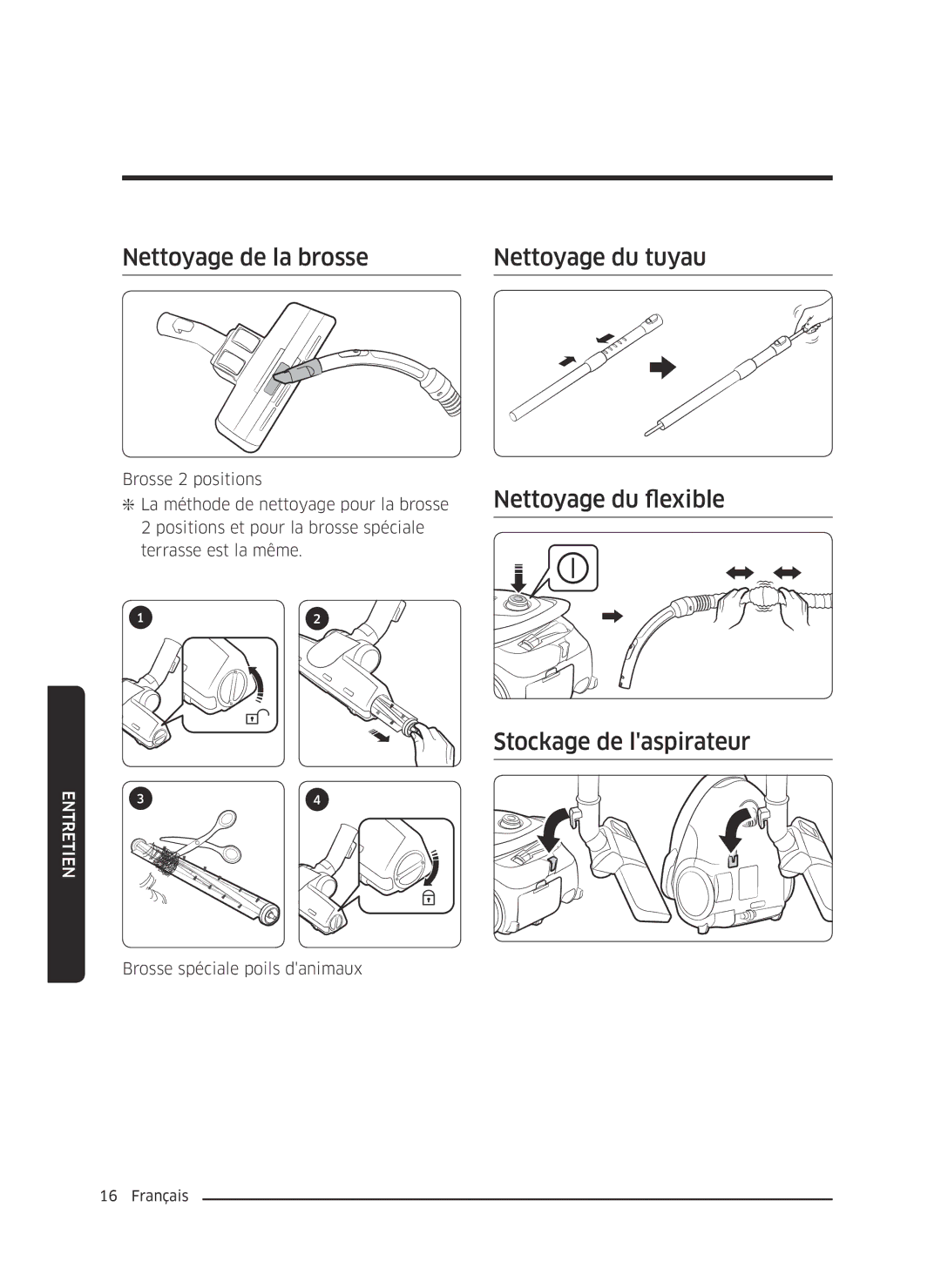 Samsung VC07M25E0WR/SB manual Nettoyage de la brosse Nettoyage du tuyau, Nettoyage du flexible, Stockage de laspirateur 