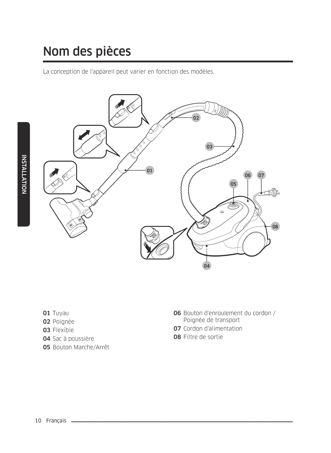 Samsung VC07M25F0WP/EF, VC07M25E0WR/EF manual Nom des pièces, Installation 