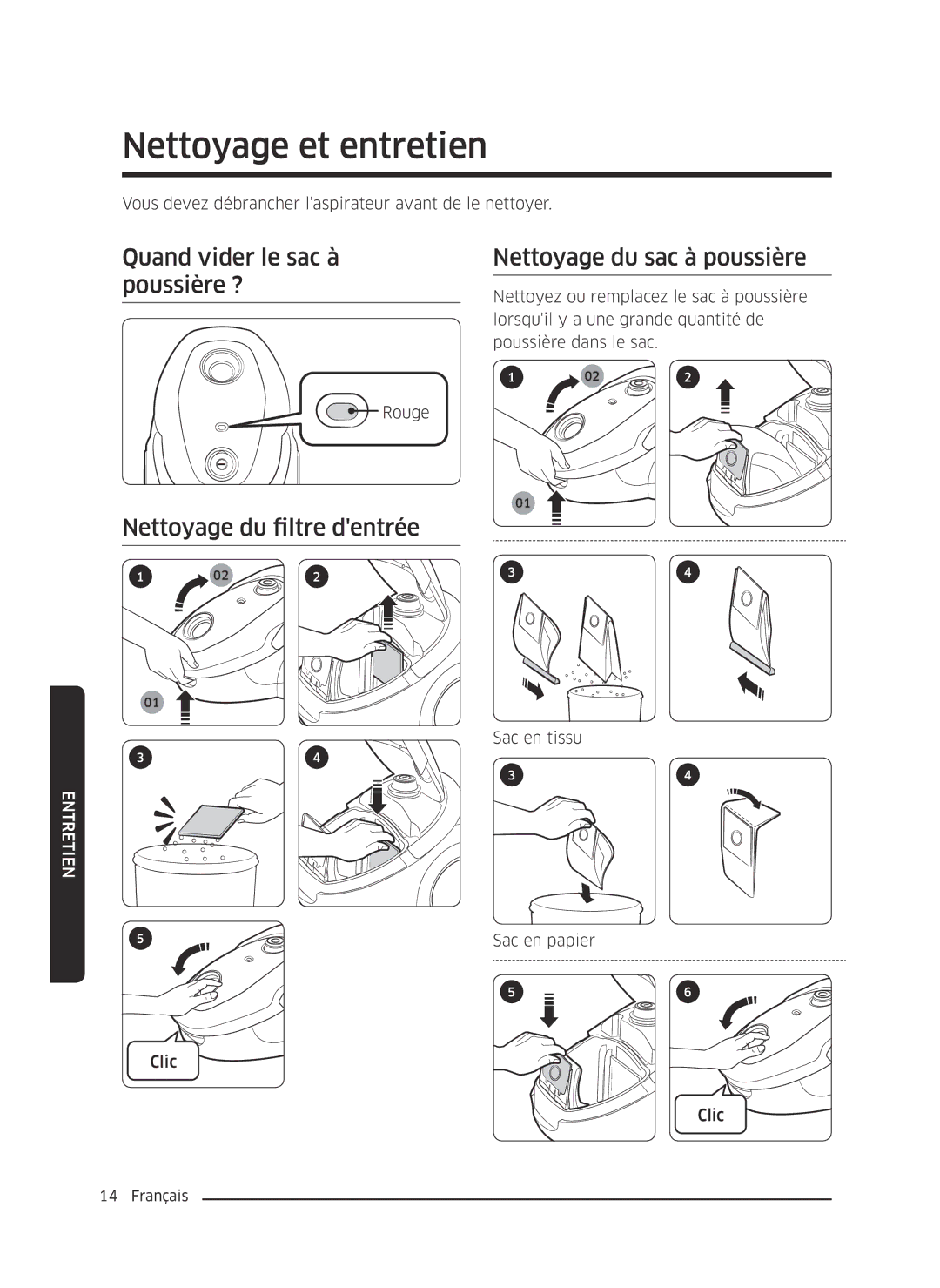 Samsung VC07M25F0WP/EF manual Nettoyage et entretien, Quand vider le sac à poussière ?, Nettoyage du filtre dentrée 