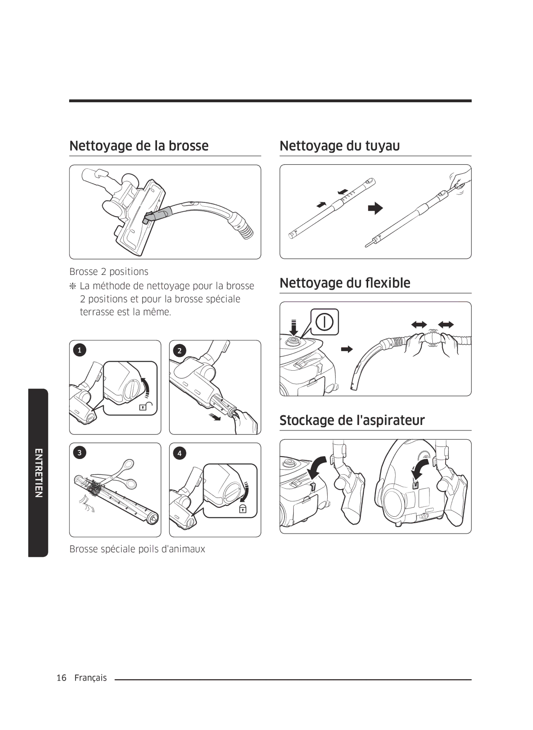 Samsung VC07M25F0WP/EF manual Nettoyage de la brosse Nettoyage du tuyau, Nettoyage du flexible, Stockage de laspirateur 