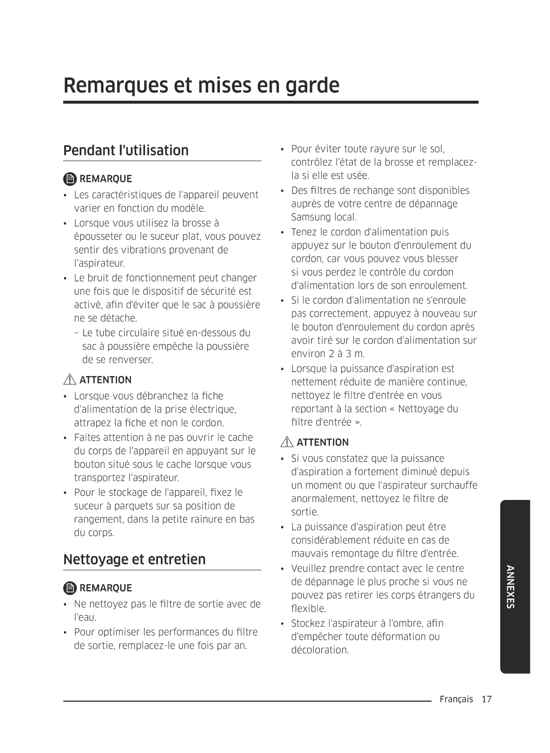 Samsung VC07M25E0WR/EF, VC07M25F0WP/EF manual Remarques et mises en garde, Pendant lutilisation, Nettoyage et entretien 