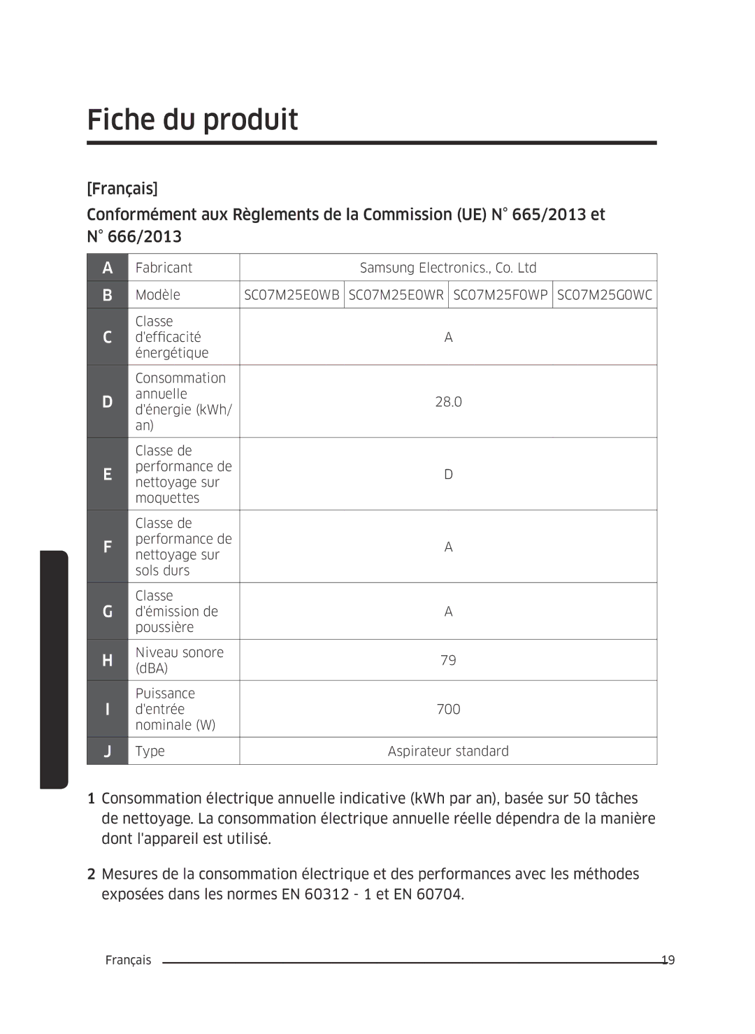 Samsung VC07M25E0WR/EF, VC07M25F0WP/EF manual Fiche du produit, SC07M25E0WB SC07M25E0WR SC07M25F0WP SC07M25G0WC 