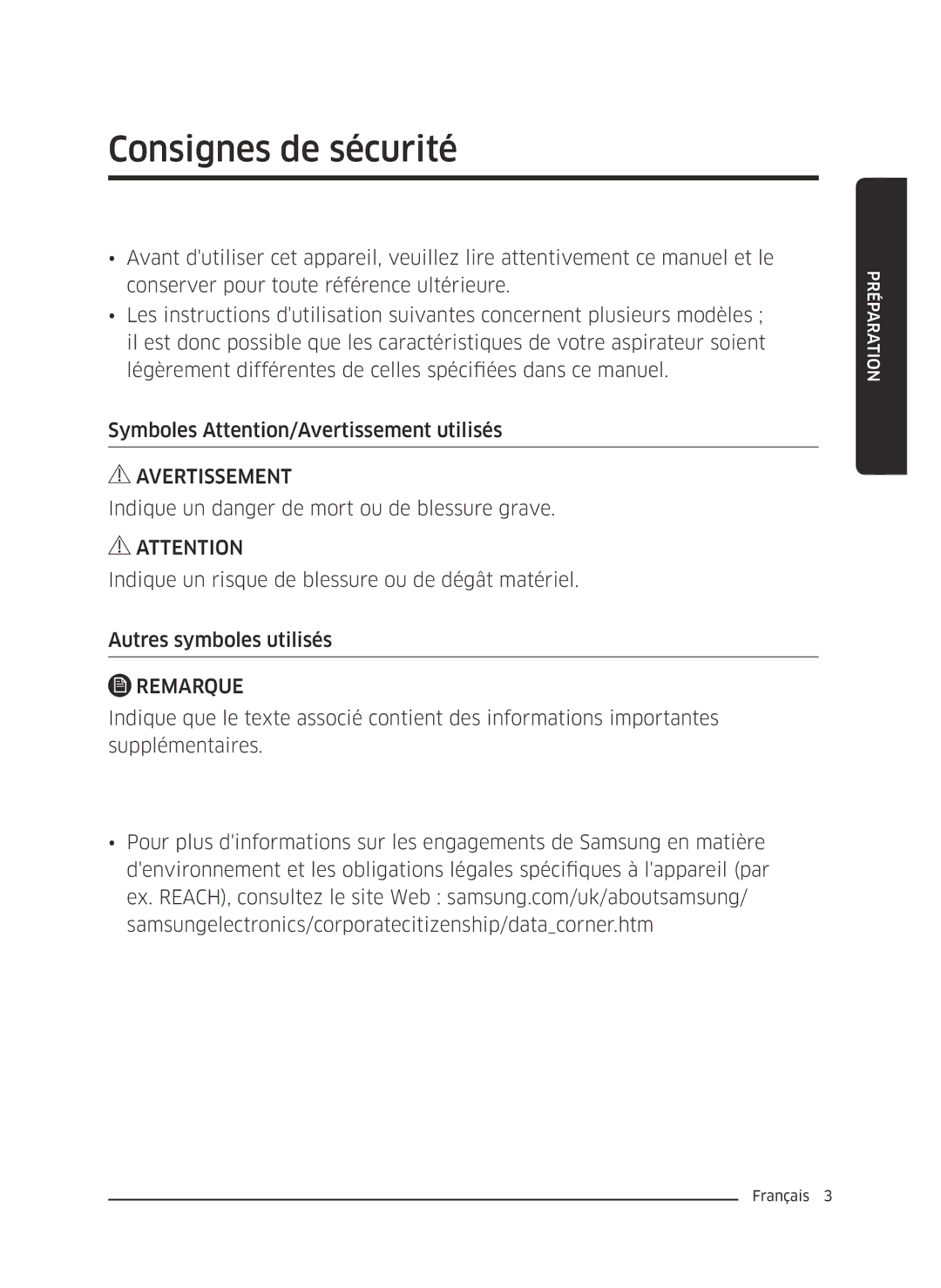 Samsung VC07M25E0WR/EF, VC07M25F0WP/EF manual Consignes de sécurité, Avertissement 