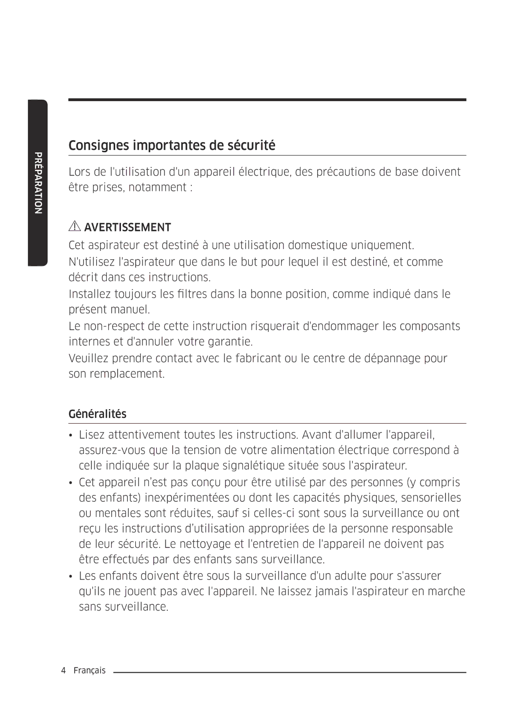 Samsung VC07M25F0WP/EF, VC07M25E0WR/EF manual Consignes importantes de sécurité 