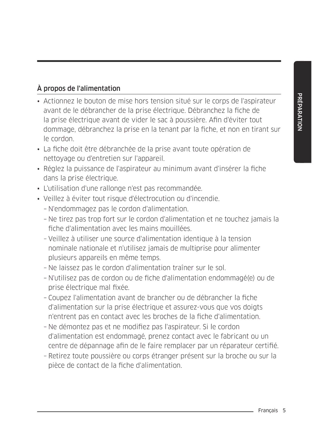 Samsung VC07M25E0WR/EF, VC07M25F0WP/EF manual Préparation 