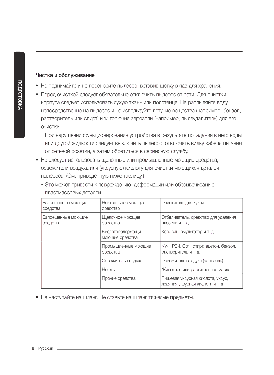 Samsung VC07M25F0WP/SB, VC07M25F0WP/EF, VC07M25F0WP/GE manual Не наступайте на шланг. Не ставьте на шланг тяжелые предметы 