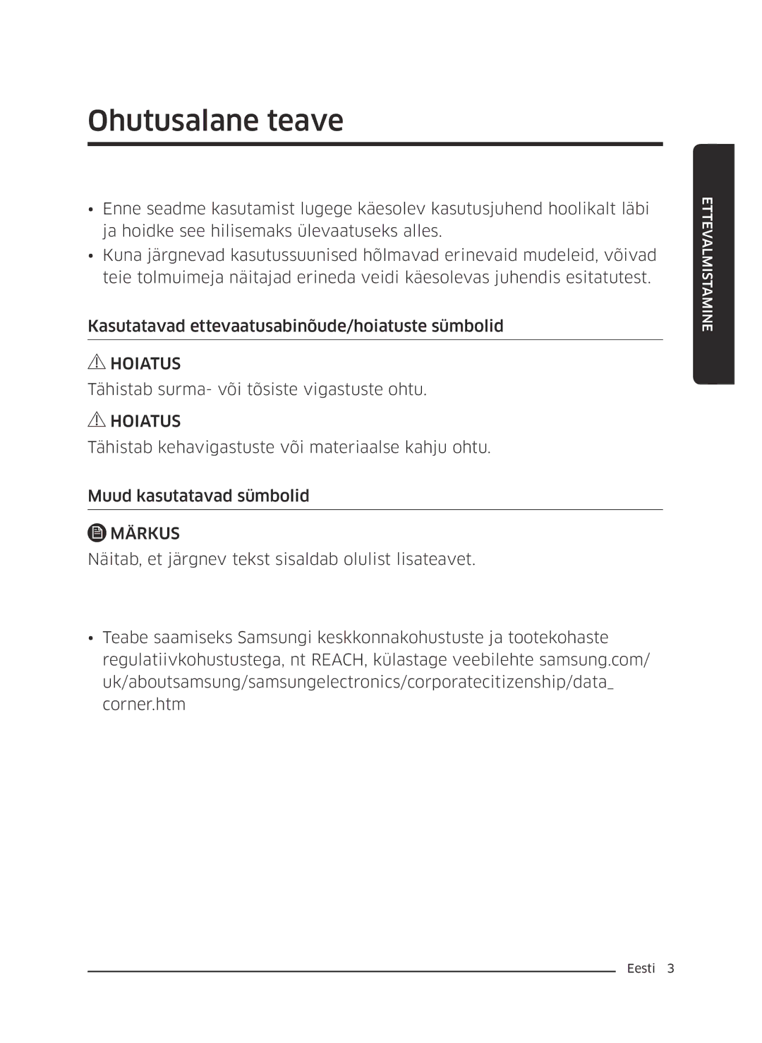 Samsung VC07M25J0WP/SB, VC07M25F0WP/EF, VC07M25F0WP/GE manual Ohutusalane teave, Tähistab surma- või tõsiste vigastuste ohtu 