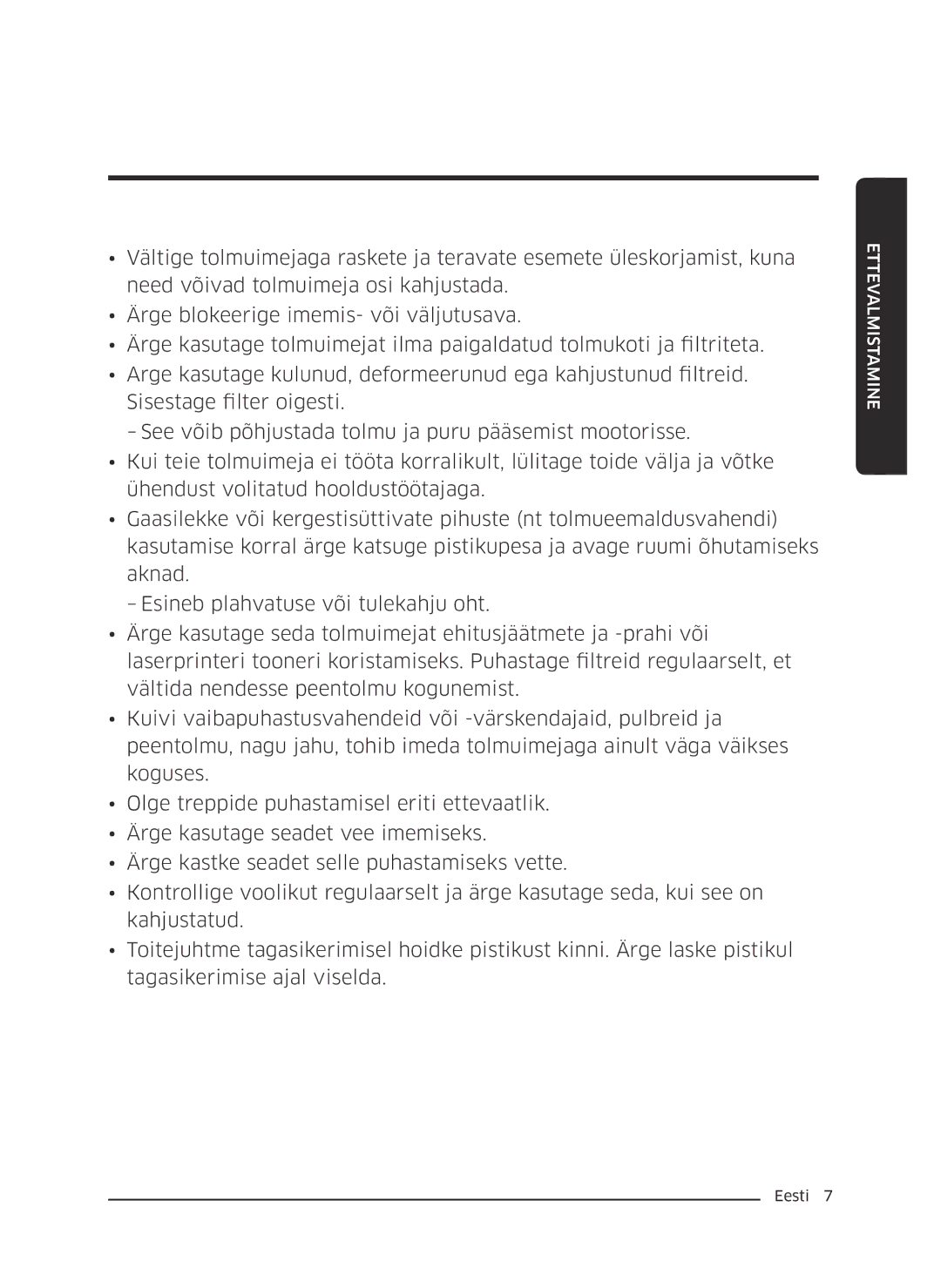 Samsung VC07M31D0HU/GE, VC07M25F0WP/EF, VC07M25F0WP/GE, VC07M31D0HU/SB, VC07M25K0WN/GE, VC07M25L0WC/GE manual Ettevalmistamine 