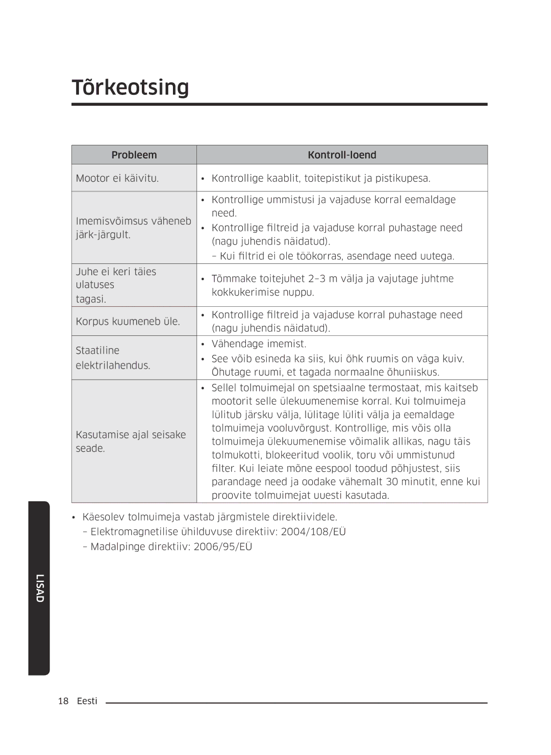 Samsung VC07M31D0HU/GE, VC07M25F0WP/EF, VC07M25F0WP/GE, VC07M31D0HU/SB, VC07M25K0WN/GE, VC07M25L0WC/GE manual Tõrkeotsing 