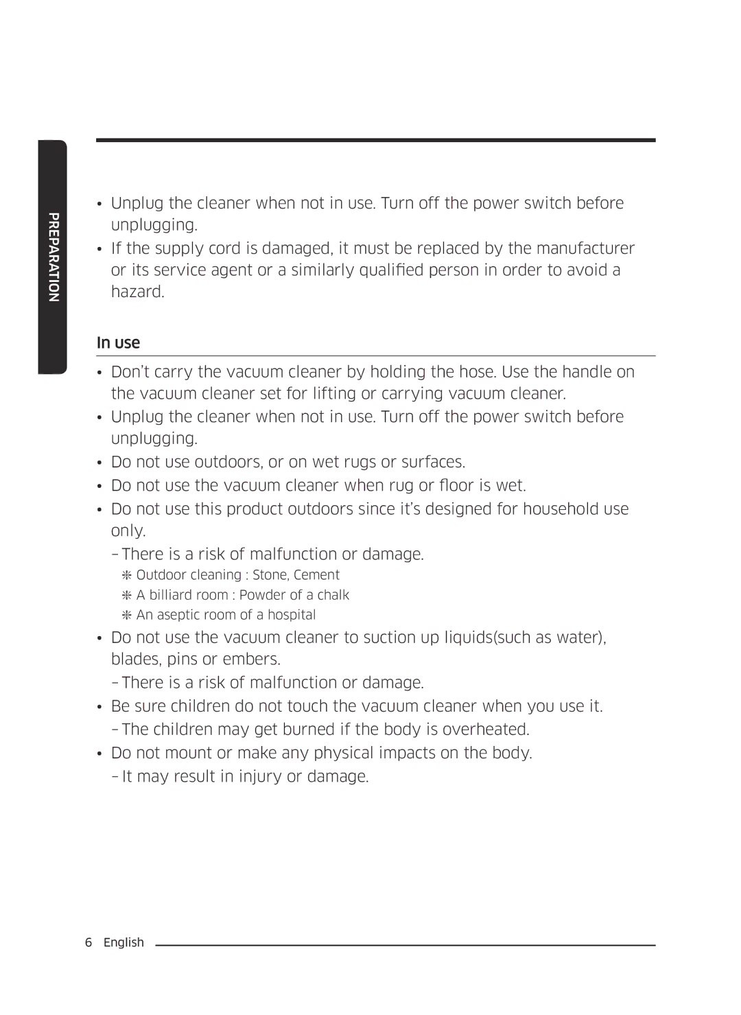 Samsung VC07M25F0WP/SB, VC07M25F0WP/EF, VC07M25F0WP/GE, VC07M31D0HU/SB, VC07M31D0HU/GE, VC07M25K0WN/GE manual Preparation 