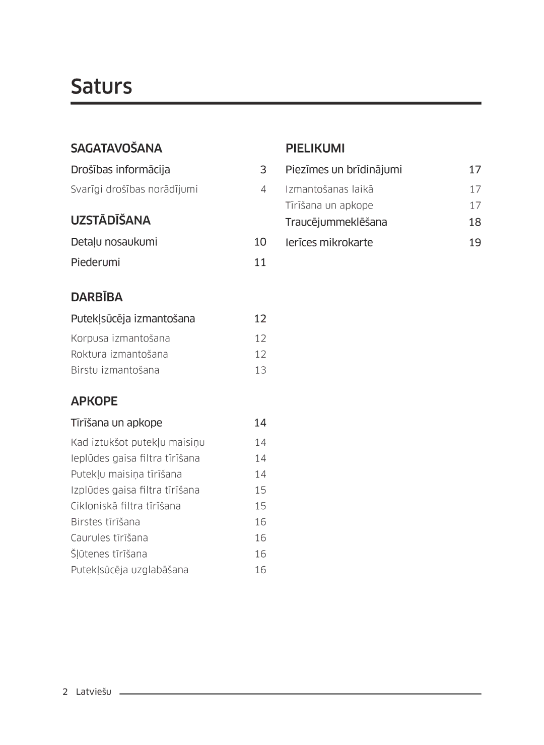 Samsung VC07M25J0WP/GE, VC07M25F0WP/EF, VC07M25F0WP/GE, VC07M31D0HU/SB, VC07M31D0HU/GE manual Saturs, Sagatavošana Pielikumi 