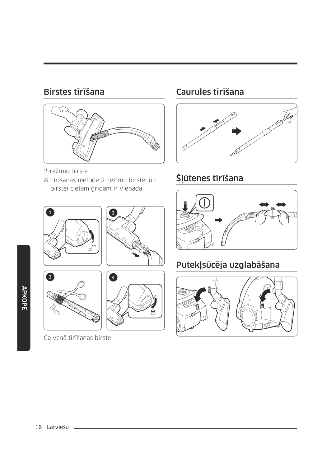 Samsung VC07M25J0WP/SB, VC07M25F0WP/EF manual Birstes tīrīšana Caurules tīrīšana, Šļūtenes tīrīšana Putekļsūcēja uzglabāšana 