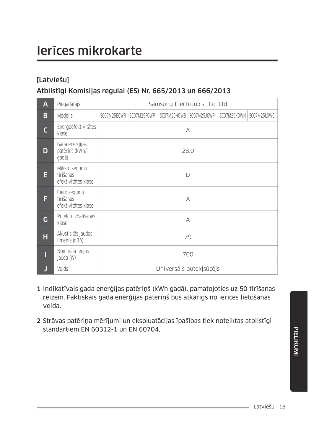 Samsung VC07M31D0HU/SB, VC07M25F0WP/EF, VC07M25F0WP/GE, VC07M31D0HU/GE, VC07M25K0WN/GE, VC07M25L0WC/GE manual Ierīces mikrokarte 