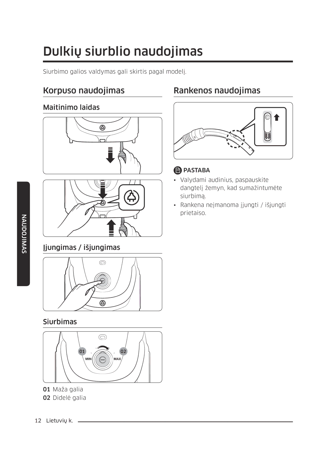 Samsung VC07M25K0WN/GE manual Dulkių siurblio naudojimas, Korpuso naudojimas Rankenos naudojimas, Maitinimo laidas 