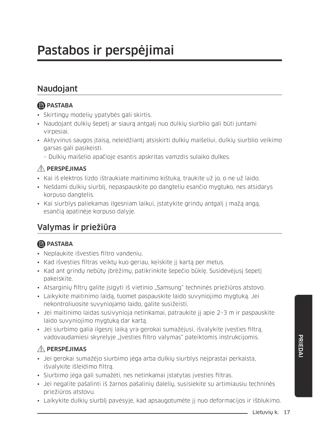 Samsung VC07M25L0WC/SB, VC07M25F0WP/EF, VC07M25F0WP/GE manual Pastabos ir perspėjimai, Naudojant, Valymas ir priežiūra 