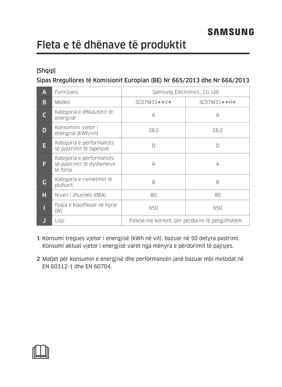 Samsung VC07M3150VU/ET, VC07M3130V1/EF, VC07M3110VB/EF, VC07M31B0HN/EF, VC07M31A0HP/EF manual Fleta e të dhënave të produktit 