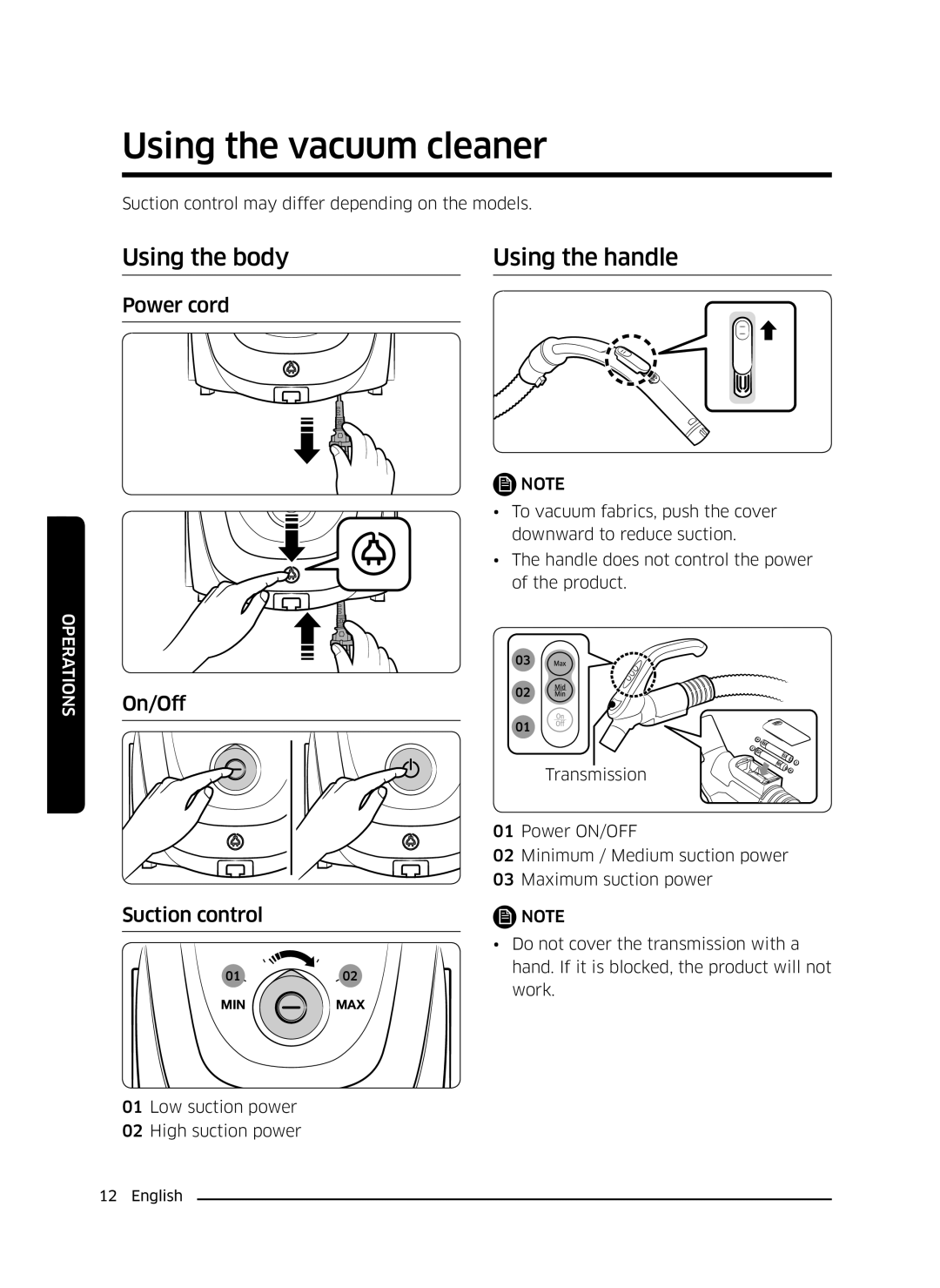 Samsung VC07M3130V1/EN manual Using the vacuum cleaner, Using the body Using the handle, Power cord, On/Off Suction control 