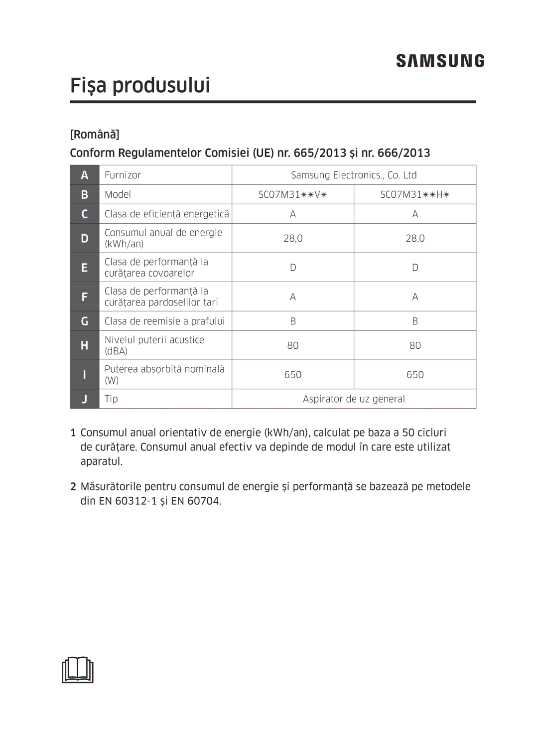 Samsung VC07M3130V1/EF, VC07M3110VB/EF, VC07M31B0HN/EF, VC07M31A0HP/EF, VC07M3150VU/ET, VC07M3110VB/GE manual Fişa produsului 