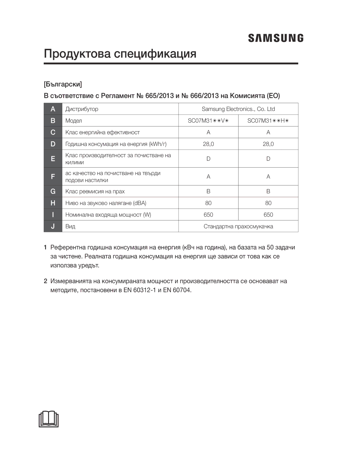 Samsung VC07M31A0HP/GE, VC07M3130V1/EF, VC07M3110VB/EF, VC07M31B0HN/EF, VC07M31A0HP/EF, VC07M3150VU/ET Продуктова спецификация 