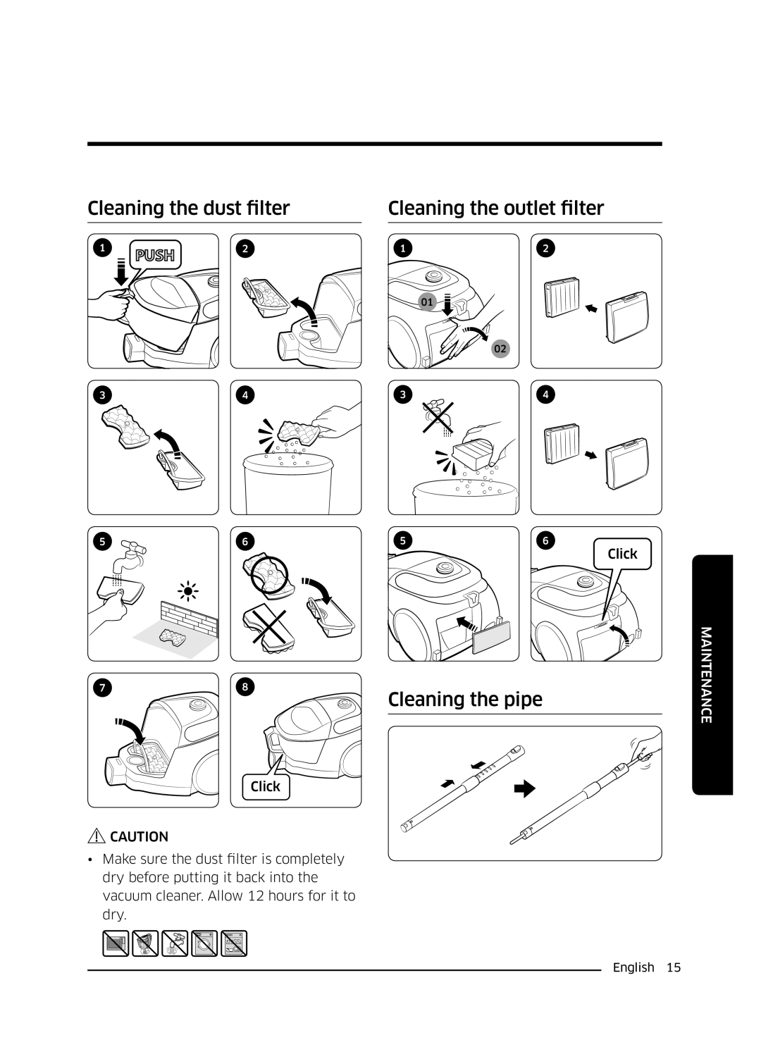 Samsung VC07M3130V1/SB, VC07M3130V1/EF manual Cleaning the dust filter Cleaning the outlet filter, Cleaning the pipe 