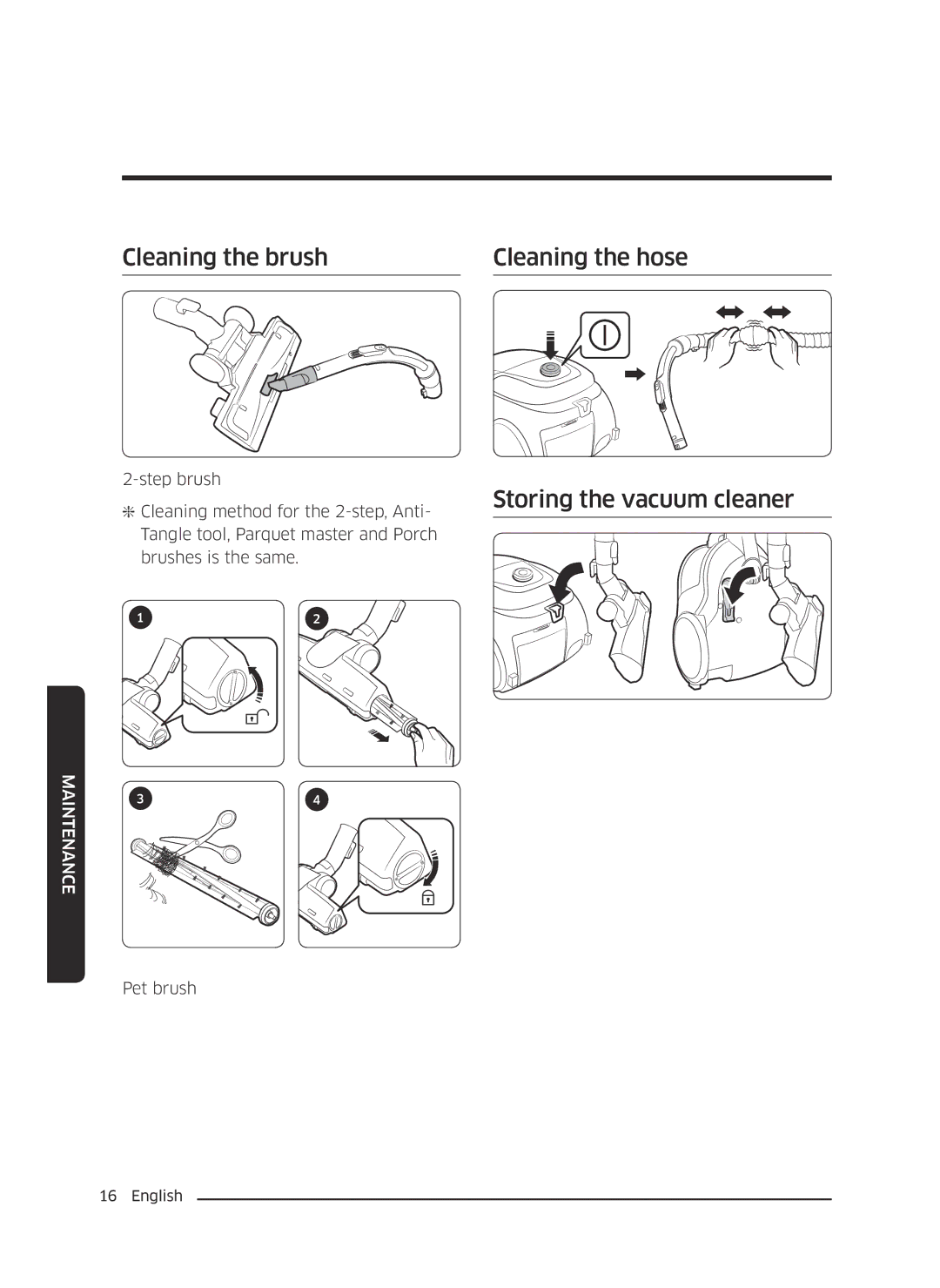 Samsung VC07M31A0HP/TR, VC07M3130V1/EF, VC07M3110VB/EF Cleaning the brush Cleaning the hose, Storing the vacuum cleaner 