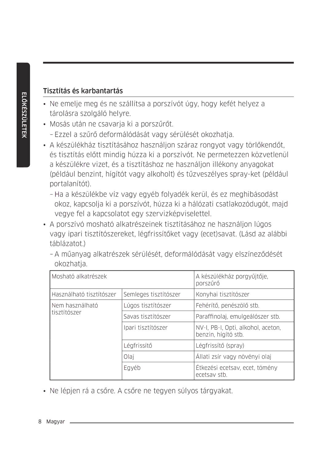 Samsung VC07M3130V1/EF, VC07M3110VB/EF, VC07M31B0HN/EF manual Ne lépjen rá a csőre. a csőre ne tegyen súlyos tárgyakat 