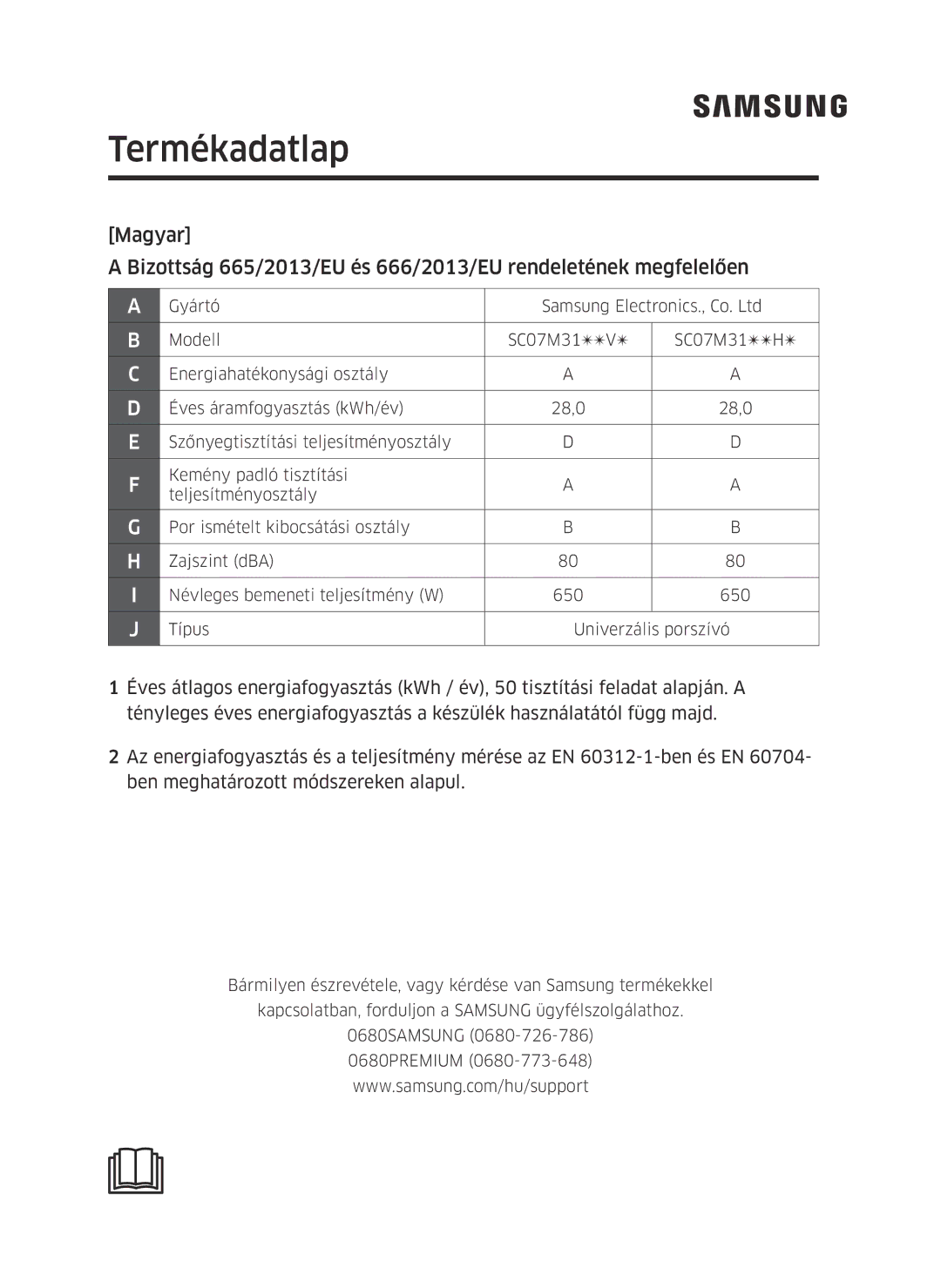 Samsung VC07M31D0HU/SB, VC07M3130V1/EF, VC07M3110VB/EF, VC07M31B0HN/EF, VC07M31A0HP/EF, VC07M3150VU/ET manual Termékadatlap 