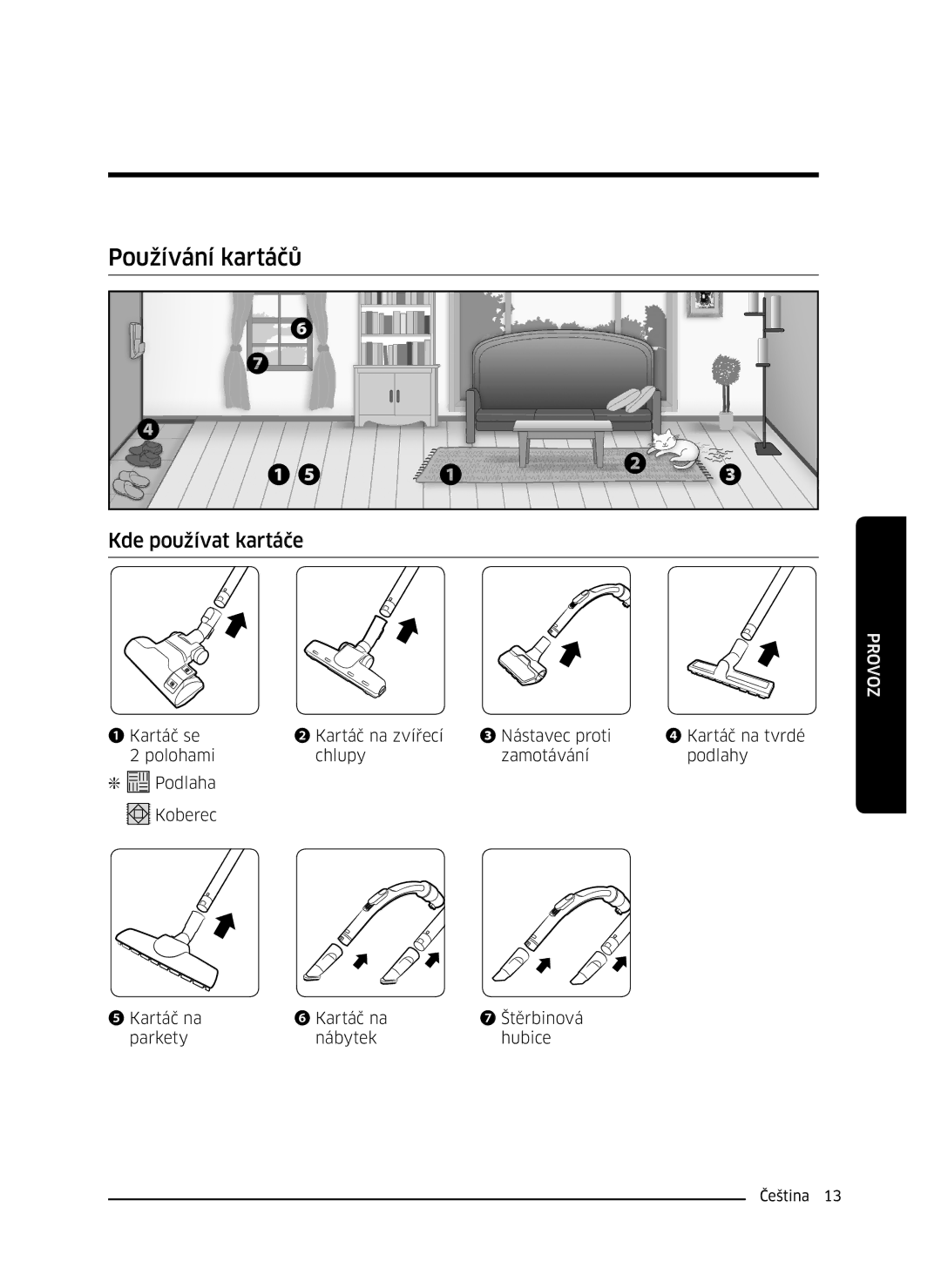 Samsung VC07M31A0HP/EF, VC07M3130V1/EF, VC07M3110VB/EF, VC07M31B0HN/EF manual Používání kartáčů, Kde používat kartáče 