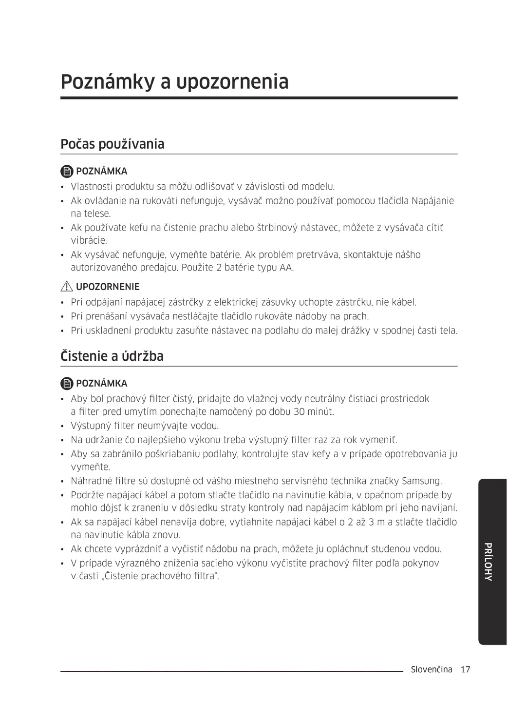 Samsung VC07M31A0HP/EF, VC07M3130V1/EF, VC07M3110VB/EF manual Poznámky a upozornenia, Počas používania, Čistenie a údržba 