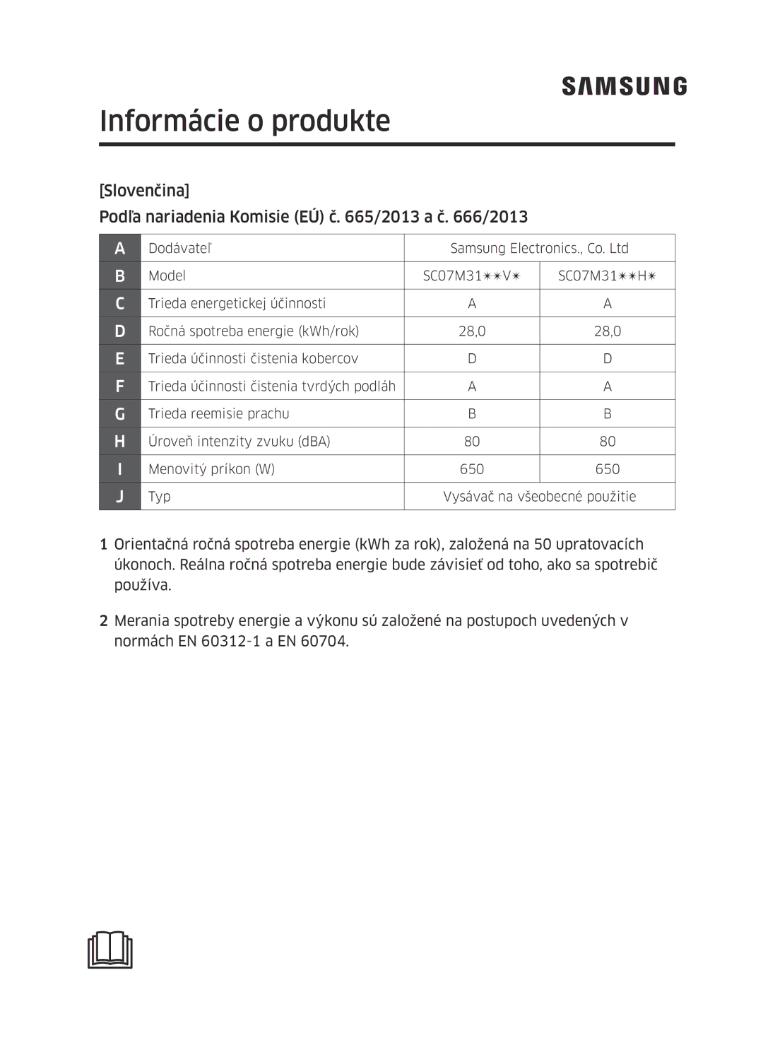 Samsung VC07M3150VU/EN, VC07M3130V1/EF Informácie o produkte, Slovenčina Podľa nariadenia Komisie EÚ č /2013 a č /2013 