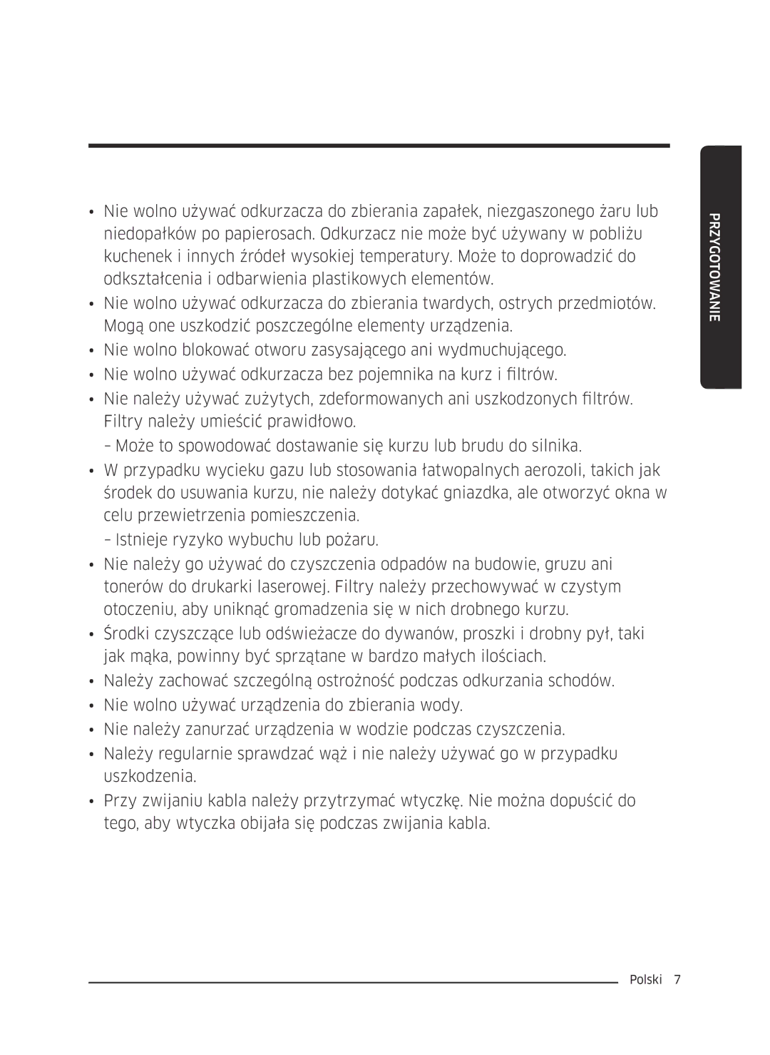 Samsung VC07M3130V1/GE, VC07M3130V1/EF, VC07M3110VB/EF, VC07M31B0HN/EF, VC07M31A0HP/EF, VC07M3150VU/ET manual Przygotowanie 